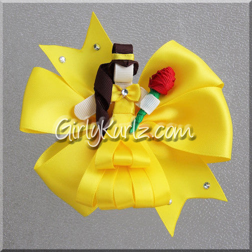 Belle-inspired boutique bow and character ribbon clip with yellow and rose colors
