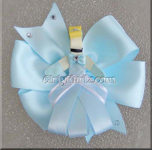 Boutique-style blue bow paired with ribbon clip inspired by Glass Slipper Princess