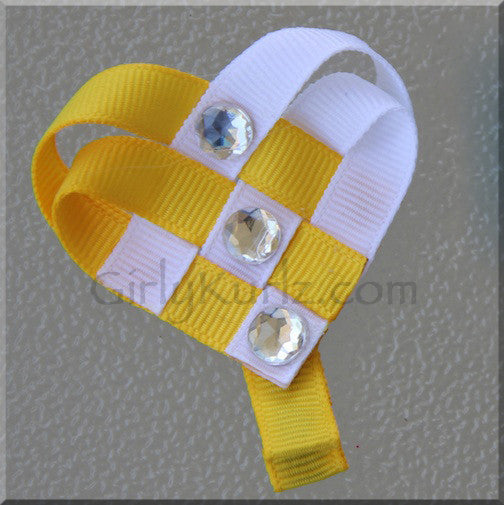 Yellow and white woven heart hair clip on alligator clip