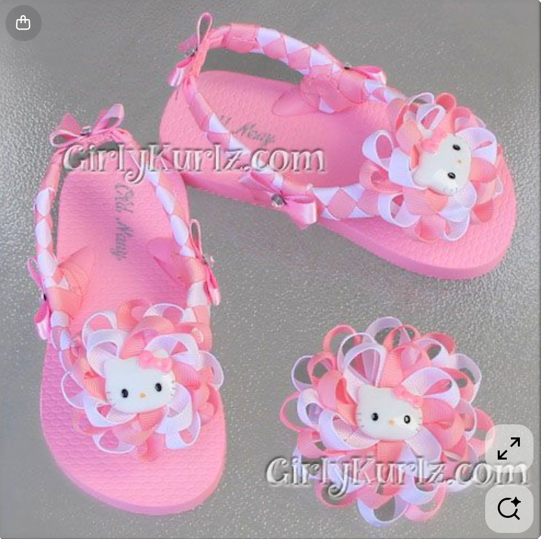 Pink sandals with Hello Kitty design on a gray background
