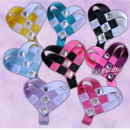 Woven heart hair clips in various colors - handmade ribbon alligator clips for girls