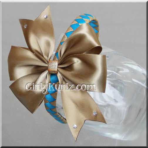 Boutique bow and matching headband in turquoise and gold colors