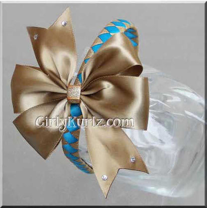 Boutique bow and matching headband in turquoise and gold colors