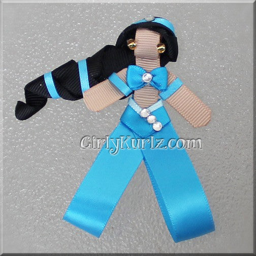 Arabian Nights Princess ribbon sculpture with black ponytail and turquoise outfit — DIY tutorial