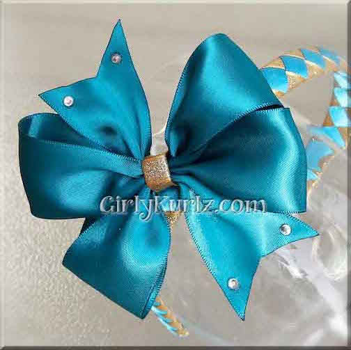 Teal and gold headband and bow set inspired by a fiery and brave princess character