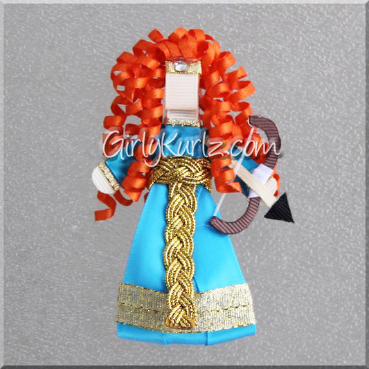 Archery Princess ribbon character clip with curly red hair and teal dress