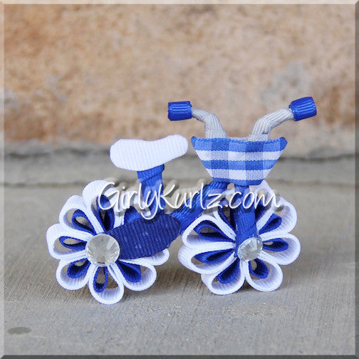 Blue bicycle hair bow - custom handmade ribbon sculpture hair clip available in multiple colors