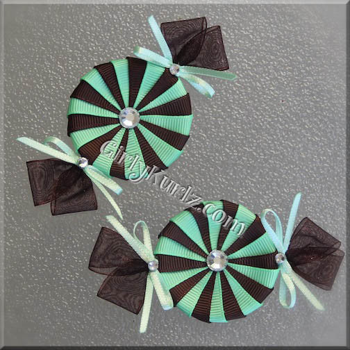Brown and mint green peppermint candy hair clip - handmade ribbon bow