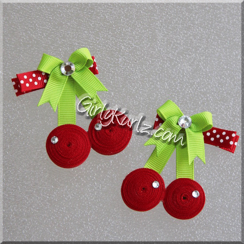 cherry hair clip, cherry hair bow, ribbon sculpture