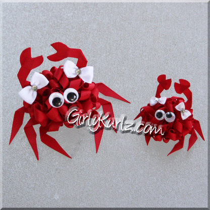 3D crab hair bow - handmade ribbon sculpture hair clip with googly eyes and claws