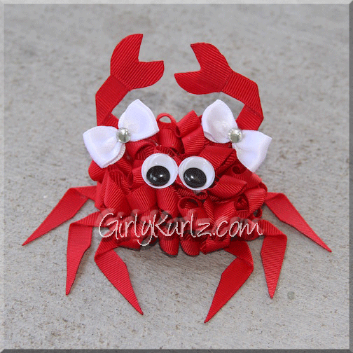3D crab hair bow - handmade ribbon sculpture hair clip with googly eyes and claws