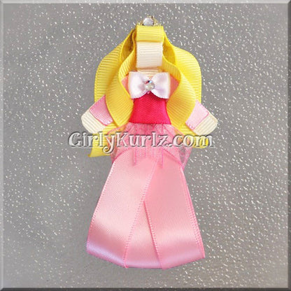 DIY princess-inspired ribbon sculpture hair clip tutorial with golden hair and pink dress