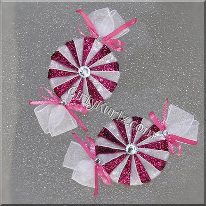 Glitter shocking pink peppermint candy hair clip - handmade ribbon bow