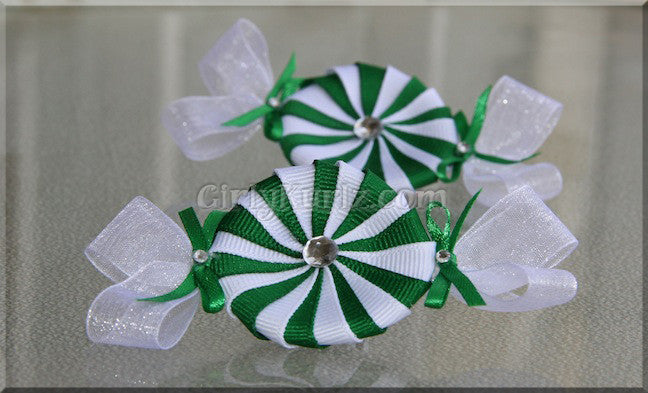 Green and White Spearmint peppermint candy hair clip - handmade ribbon bow