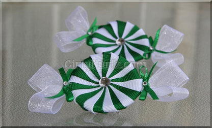 Green and White Spearmint peppermint candy hair clip - handmade ribbon bow