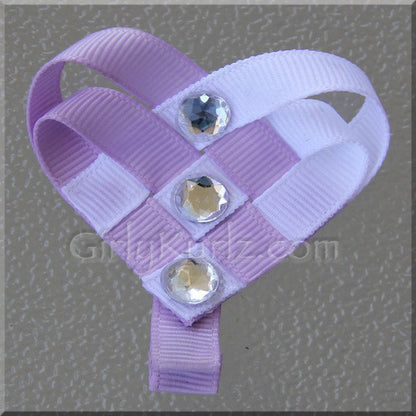 Lavender and white woven heart ribbon hair clip
