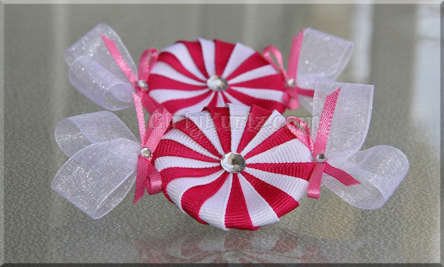 Hot pink and white peppermint candy hair clip - handmade ribbon bow
