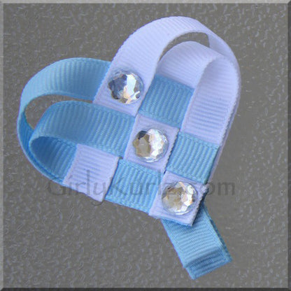 Light blue and white woven heart ribbon hair clip