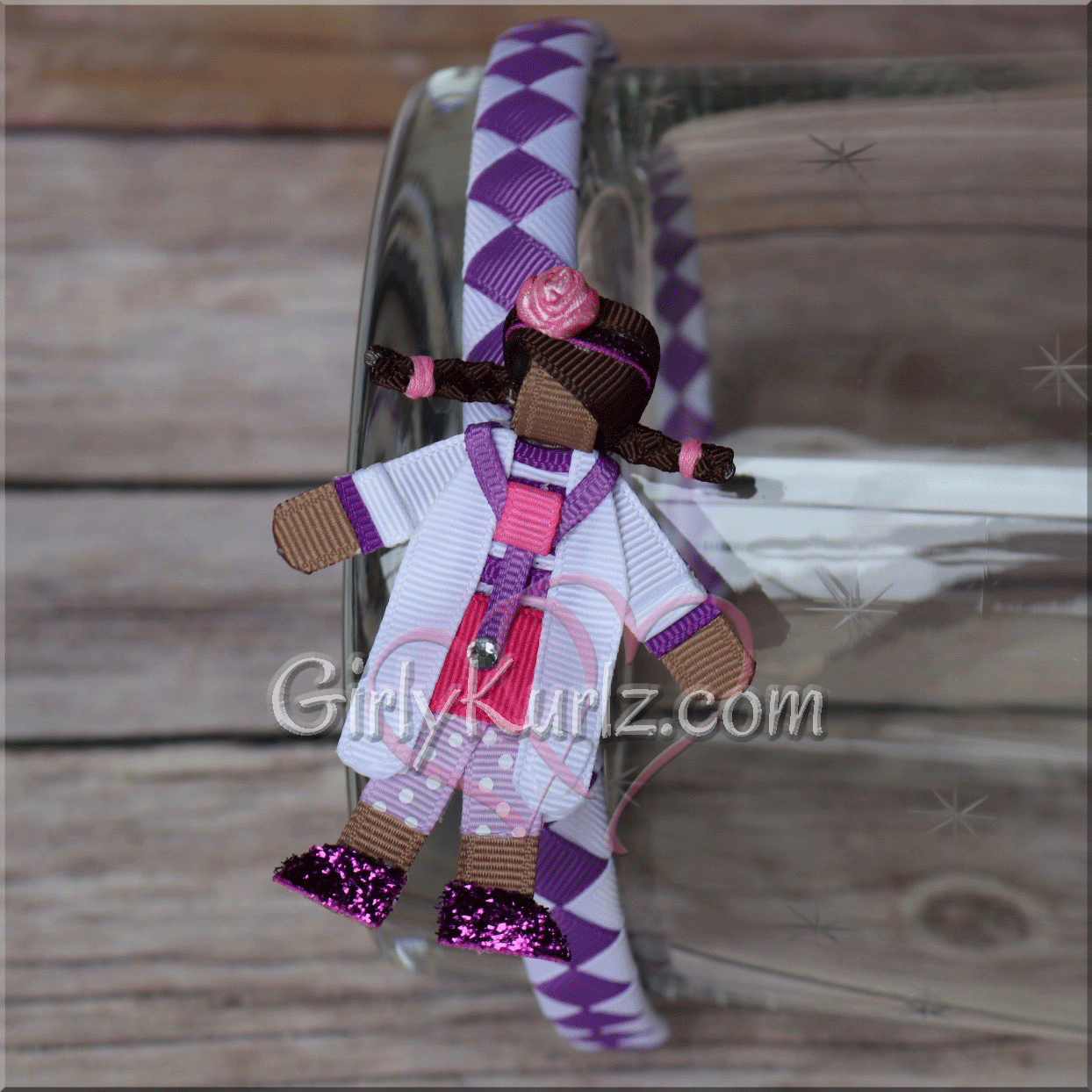 Lil’ Doctor ribbon clip on headband – handmade purple and pink DIY hair tutorial