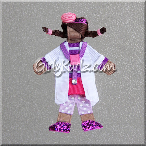 DIY Lil’ Doctor hair clip tutorial – handmade no-sew ribbon design in purple and pink