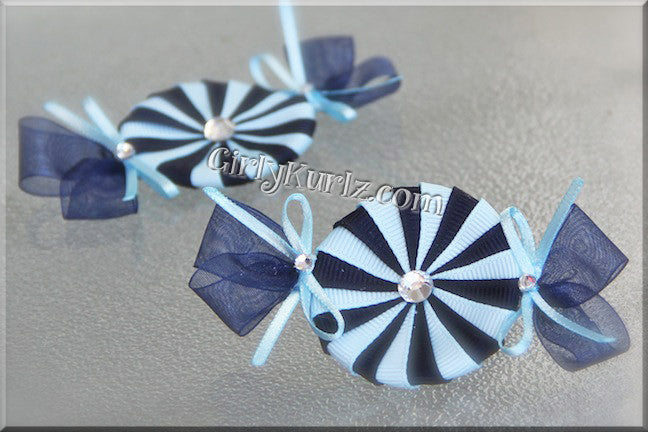 Navy Blue and light blue peppermint candy hair clip - handmade ribbon bow