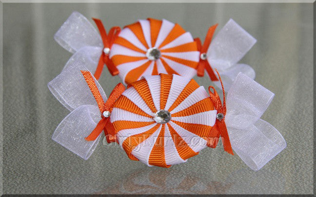 Orange and White peppermint candy hair clip - handmade ribbon bow