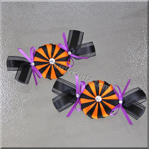 Orange and black Halloween peppermint candy hair clip with purple - handmade ribbon bow