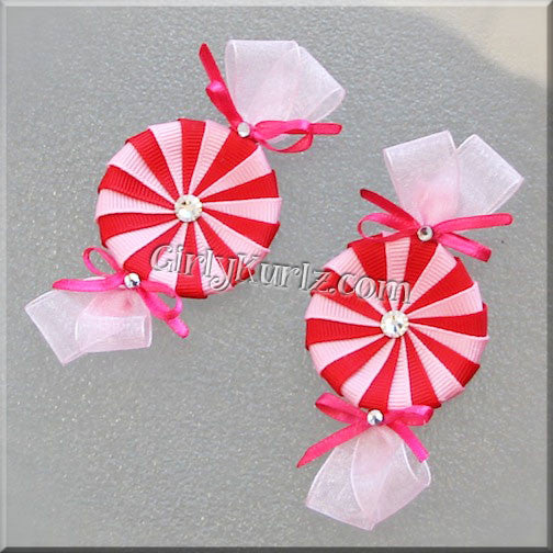 Pink and red Valentine peppermint candy hair clip - handmade ribbon bow