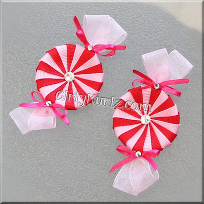 Pink and red Valentine peppermint candy hair clip - handmade ribbon bow