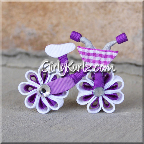 Purple bicycle hair bow - custom handmade ribbon sculpture hair clip available in multiple colors