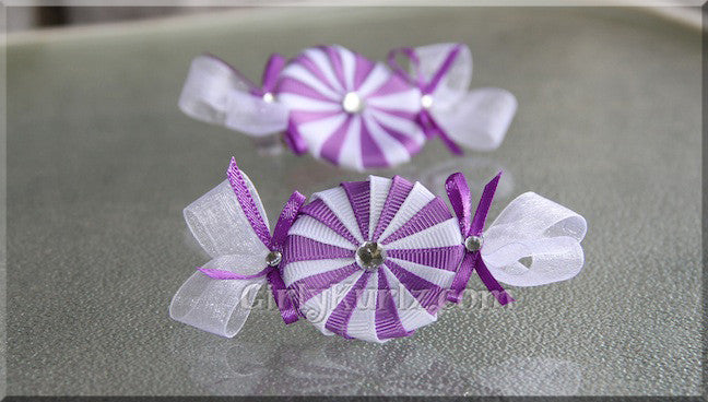 Purple and white peppermint candy hair clip - handmade ribbon bow