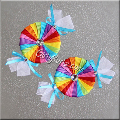 Rainbow peppermint candy hair clip - handmade ribbon bow