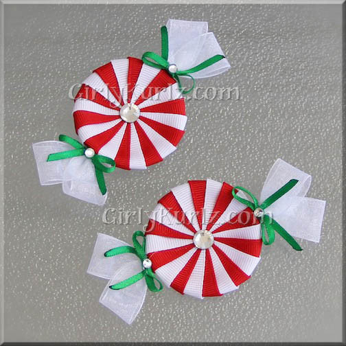 Red and white peppermint candy hair clip  with green- handmade ribbon bow