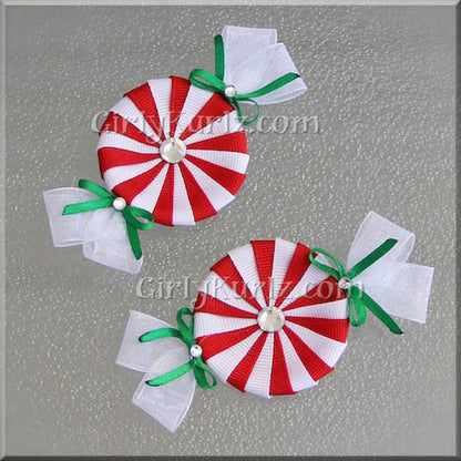 Red and white peppermint candy hair clip  with green- handmade ribbon bow