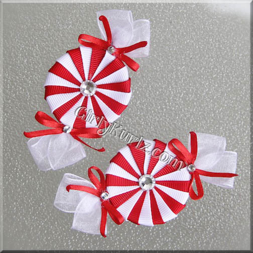 Red and white peppermint candy hair clip with red - handmade ribbon bow