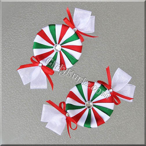 Red, green and white peppermint candy hair clip - handmade ribbon bow