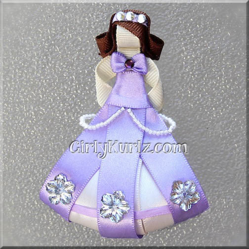 Purple princess character hair clip tutorial with ribbon dress and brown hair