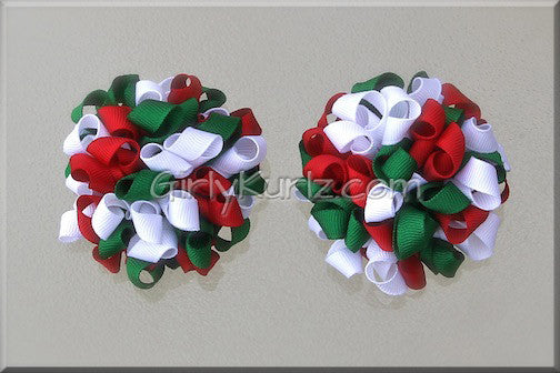 Red, Green & White Kurly Pom Pom Hair Bow