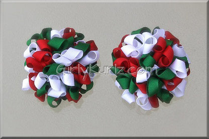 Red, Green & White Kurly Pom Pom Hair Bow