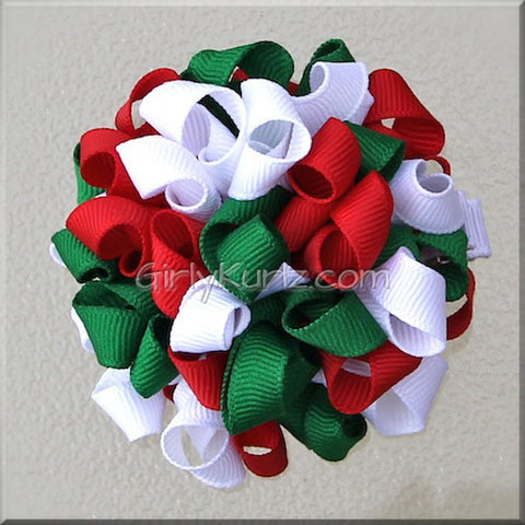 Red, Green & White Kurly Pom Pom Hair Bow