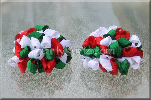 Red, Green & White Kurly Pom Pom Hair Bow