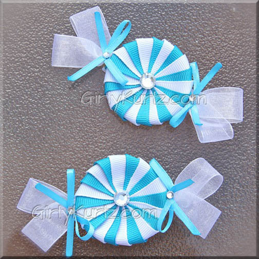 Turquoise and white peppermint candy hair clip - handmade ribbon bow