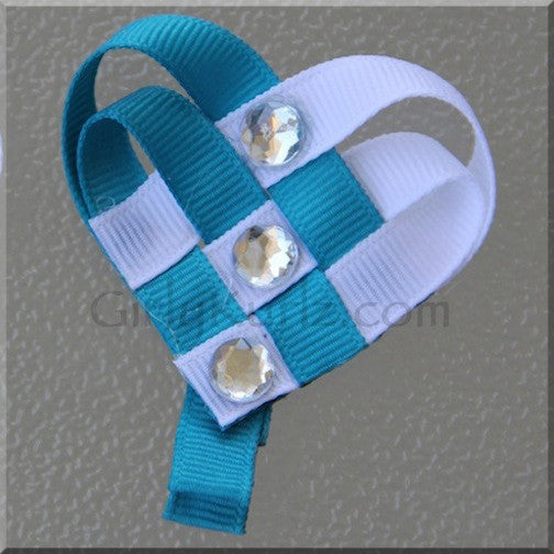 Turquoise and white handmade woven heart hair accessory