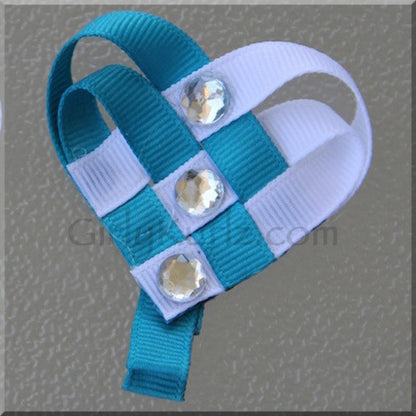 Turquoise and white handmade woven heart hair accessory