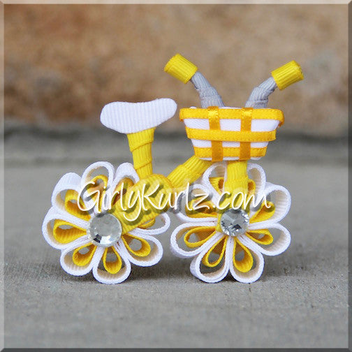 Yellow bicycle hair bow - custom handmade ribbon sculpture hair clip available in multiple colors