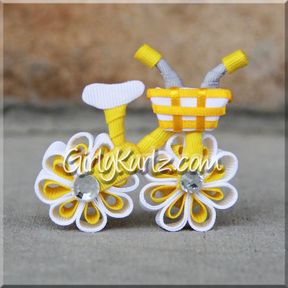 Yellow bicycle hair bow - custom handmade ribbon sculpture hair clip available in multiple colors