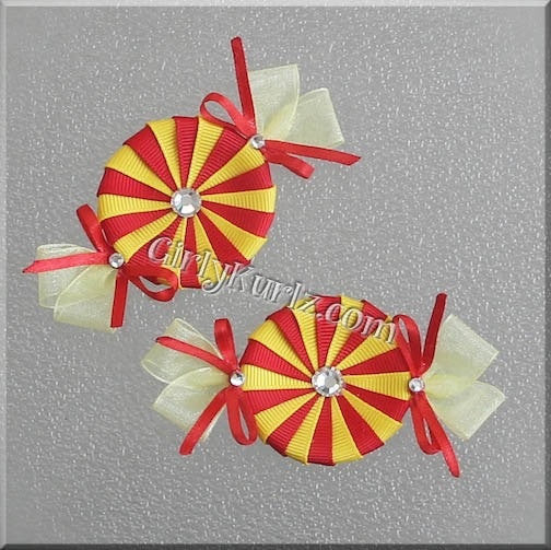 Yellow and Red Circus peppermint candy hair clip - handmade ribbon bow