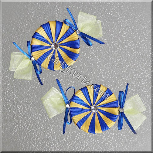 Yellow and Royal Blue peppermint candy hair clip - handmade ribbon bow