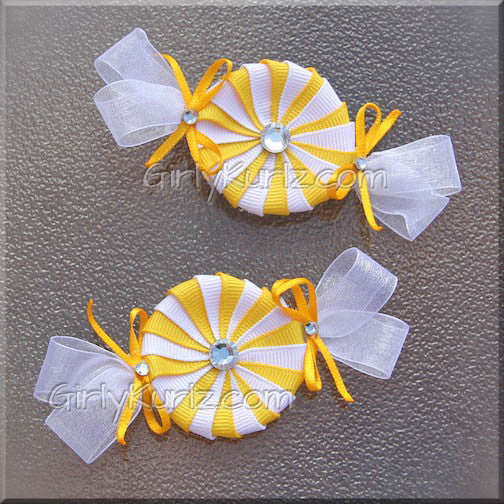 Yellow and white peppermint candy hair clip - handmade ribbon bow